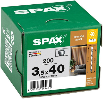 Шуруп SPAX для акустических панелей, 3,5 x 40 мм, полная резьба, маленькая цилиндрическая головка ø4 мм, T-STAR plus T8, 4CUT, WIROX,200 шт.